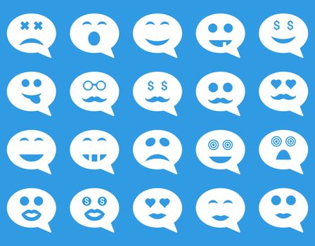 Chat emotion smile icons. Glyph set style is flat images, white symbols, isolated on a blue background.