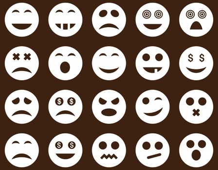 Smile and emotion icons. Glyph set style is flat images, white symbols, isolated on a brown background.