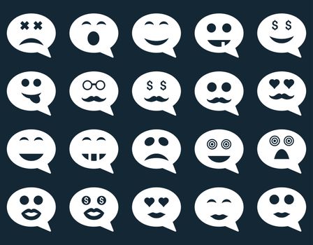 Chat emotion smile icons. Glyph set style is flat images, white symbols, isolated on a dark blue background.