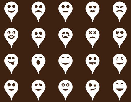 Emotion map marker icons. Glyph set style is flat images, white symbols, isolated on a brown background.