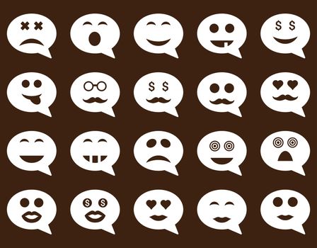 Chat emotion smile icons. Glyph set style is flat images, white symbols, isolated on a brown background.