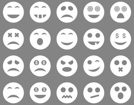 Smile and emotion icons. Glyph set style is flat images, white symbols, isolated on a gray background.