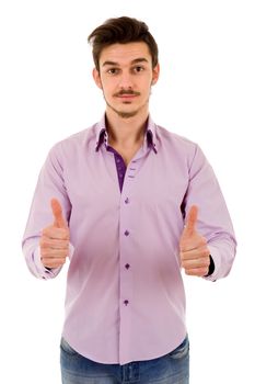 young casual man going thumbs up, isolated on white background