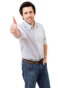 young casual man going thumbs up, isolated on white background