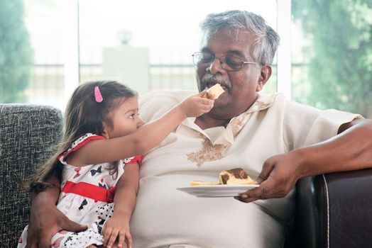 Portrait of Indian family at home. Grandchild feeding butter cake to grandparent. Grandfather and granddaughter. Asian people living lifestyle.