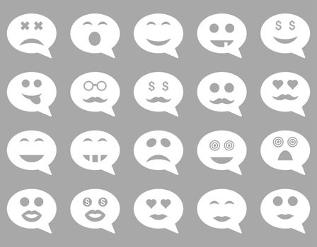 Chat emotion smile icons. Glyph set style is flat images, white symbols, isolated on a silver background.