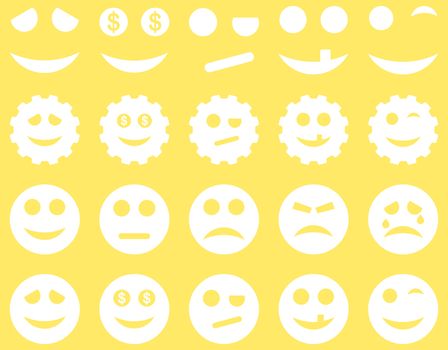 Tools, gears, smiles, emoticons icons. Glyph set style is flat images, white symbols, isolated on a yellow background.
