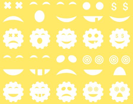 Tool, gear, smile, emotion icons. Glyph set style is flat images, white symbols, isolated on a yellow background.