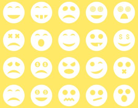 Smile and emotion icons. Glyph set style is flat images, white symbols, isolated on a yellow background.