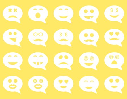 Chat emotion smile icons. Glyph set style is flat images, white symbols, isolated on a yellow background.