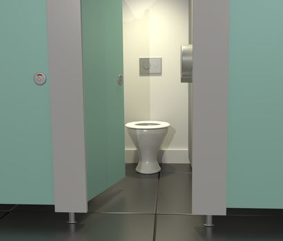 Illustration depicting public toilet cubicles in a row with one door open.
