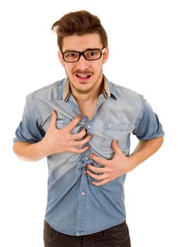 young casual man with a pain on his chest, isolated on white background