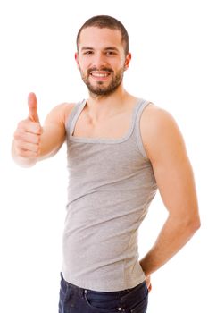 young casual man going thumbs up, isolated on white background