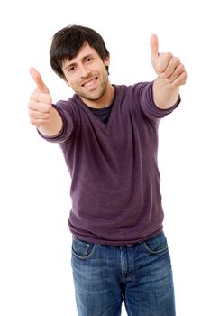 young casual man going thumbs up, isolated on white background