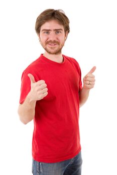 young casual man going thumbs up, isolated on white background