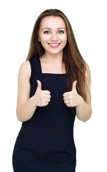 Young woman dressed in black dress showing thumb up gesture using both hands, isolated over white
