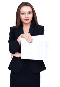 Business woman in black dress with documents on white background
