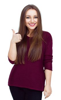 Young woman dressed in red showing thumb up gesture using one hand, isolated over white
