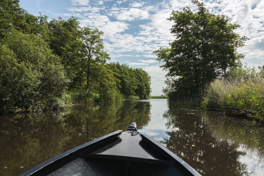 view on dutch nature area with water and green grass from wooden boat