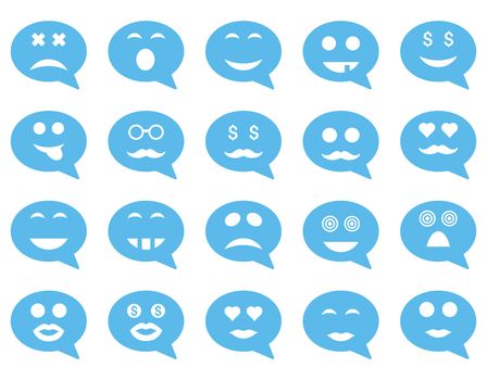 Chat emotion smile icons. Glyph set style is flat images, blue symbols, isolated on a white background.