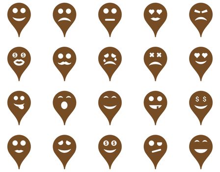 Emotion map marker icons. Glyph set style is flat images, brown symbols, isolated on a white background.