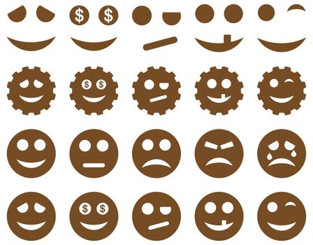 Tools, gears, smiles, emoticons icons. Glyph set style is flat images, brown symbols, isolated on a white background.