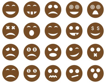 Smile and emotion icons. Glyph set style is flat images, brown symbols, isolated on a white background.