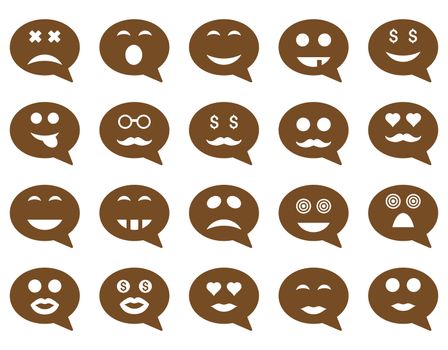 Chat emotion smile icons. Glyph set style is flat images, brown symbols, isolated on a white background.