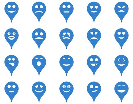 Emotion map marker icons. Glyph set style is flat images, cobalt symbols, isolated on a white background.