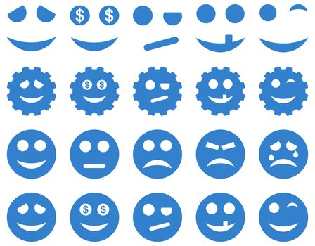 Tools, gears, smiles, emoticons icons. Glyph set style is flat images, cobalt symbols, isolated on a white background.