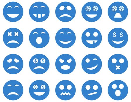 Smile and emotion icons. Glyph set style is flat images, cobalt symbols, isolated on a white background.
