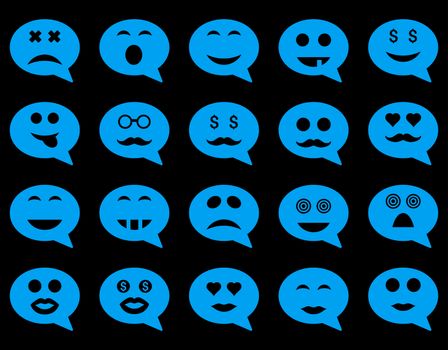 Chat emotion smile icons. Glyph set style is flat images, blue symbols, isolated on a black background.