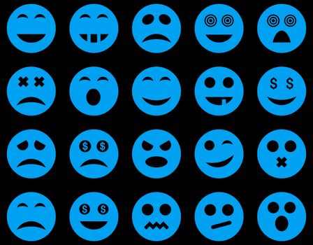 Smile and emotion icons. Glyph set style is flat images, blue symbols, isolated on a black background.