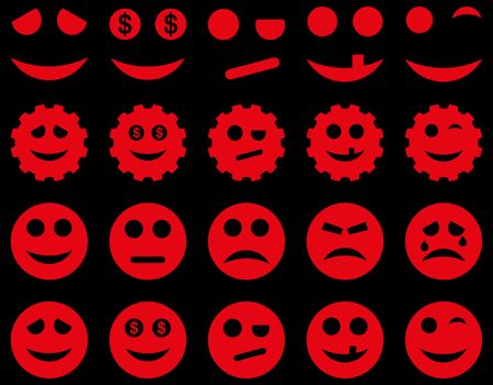 Tools, gears, smiles, emoticons icons. Glyph set style is flat images, red symbols, isolated on a black background.