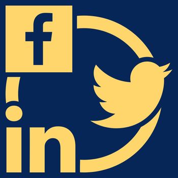 Social Networks Icon. This flat glyph symbol uses yellow color, and isolated on a blue background.