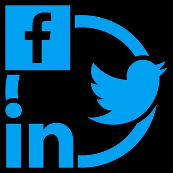 Social Networks Icon. This flat glyph symbol uses blue color, and isolated on a black background.
