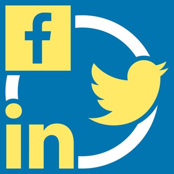 Social Networks Icon. This flat glyph symbol uses yellow and white colors, and isolated on a blue background.