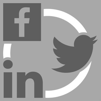 Social Networks Icon. This flat glyph symbol uses dark gray and white colors, and isolated on a silver background.