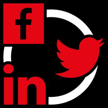 Social Networks Icon. This flat glyph symbol uses red and white colors, and isolated on a black background.