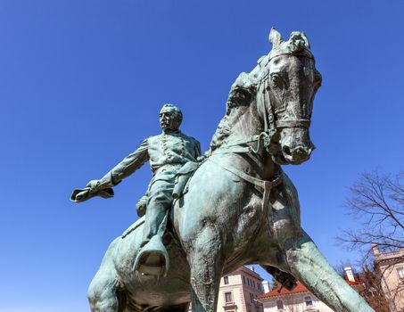 General Phil Sheridan Memorial Civil War Statue Sheridan Circle Embassy Row Washington DC.  Bronze statue dedicated in 1908; sculptor is Gutzon Borglum.  Public monument owned by the National Park Service. Statue depicts Sheridan riding his horse Rienzi to rally his troops at the Battle of Cedar Creek in 1864.