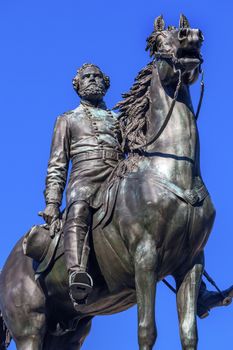 Major General George Henry Thomas Memorial Civil War Statue Thomas Circle Washington DC.  Bronze statue dedicated in 1879; sculptor is John Quincy Adams Ward.  Public monument owned by the National Park Service. Statue depicts Thomas riding his horse.  Thomas was a famous Union General, known as the Rock of Chickamunga.