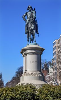 Lieutenant General Winfield Scott Memorial Statue Scott Circle Washington DC.  Bronze statue dedicated in 1874; sculptor is Henry Kirk Brown.  Public monument owned by the National Park Service. Statue depicts Scittriding his horse.  Scott was a famous General in the Mexican War, who was head of the Union army when Civil War startedl.