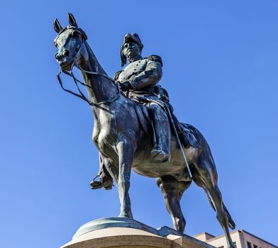 Lieutenant General Winfield Scott Memorial Statue Scott Circle Washington DC.  Bronze statue dedicated in 1874; sculptor is Henry Kirk Brown.  Public monument owned by the National Park Service. Statue depicts Scittriding his horse.  Scott was a famous General in the Mexican War, who was head of the Union army when Civil War startedl.