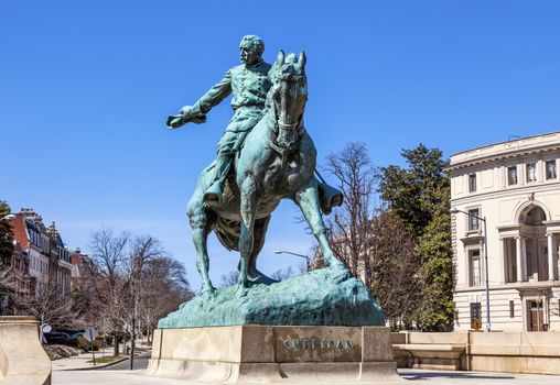 General Phil Sheridan Memorial Civil War Statue Sheridan Circle Embassy Row Pennsylvania Ave Washington DC.  Bronze statue dedicated in 1908; sculptor is Gutzon Borglum.  Public monument owned by the National Park Service. Statue depicts Sheridan riding his horse Rienzi to rally his troops at the Battle of Cedar Creek in 1864.