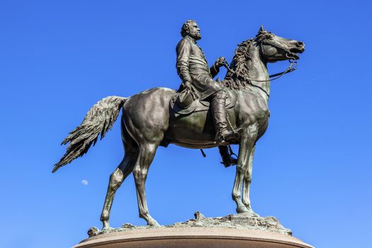 Major General George Henry Thomas Memorial Civil War Statue Moon Thomas Circle Washington DC.  Bronze statue dedicated in 1879; sculptor is John Quincy Adams Ward.  Public monument owned by the National Park Service. Statue depicts Thomas riding his horse.  Thomas was a famous Union General, known as the Rock of Chickamunga.