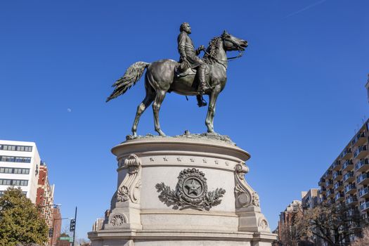 Major General George Henry Thomas Memorial Civil War Statue Moon Thomas Circle Washington DC.  Bronze statue dedicated in 1879; sculptor is John Quincy Adams Ward.  Public monument owned by the National Park Service. Statue depicts Thomas riding his horse.  Thomas was a famous Union General, known as the Rock of Chickamunga.