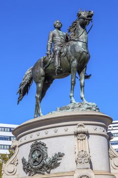 Major General George Henry Thomas Memorial Civil War Statue Thomas Circle Washington DC.  Bronze statue dedicated in 1879; sculptor is John Quincy Adams Ward.  Public monument owned by the National Park Service. Statue depicts Thomas riding his horse.  Thomas was a famous Union General, known as the Rock of Chickamunga.