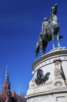 Major General George Henry Thomas Memorial Civil War Statue  Memorial Lutheran Church Thomas Circle Washington DC.  Bronze statue dedicated in 1879; sculptor is John Quincy Adams Ward.  Public monument owned by the National Park Service. Statue depicts Thomas riding his horse.  Thomas was a famous Union General, known as the Rock of Chickamunga.