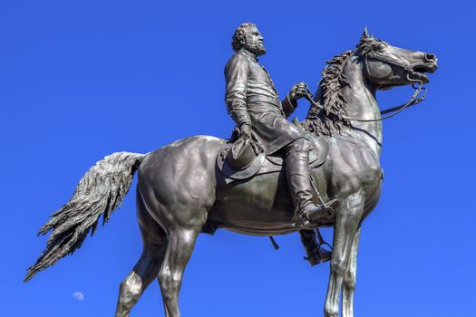 Major General George Henry Thomas Memorial Civil War Statue Thomas Circle Washington DC.  Bronze statue dedicated in 1879; sculptor is John Quincy Adams Ward.  Public monument owned by the National Park Service. Statue depicts Thomas riding his horse.  Thomas was a famous Union General, known as the Rock of Chickamunga.