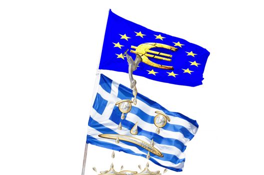 Concept, Greek, European financial crisis. Flag Greece, Euro coins and money tap is turned off